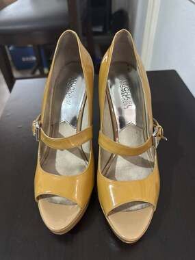 Michael Kors Chandler Nude Patent Leather Peep-Toe Platform Mary Jane Heels